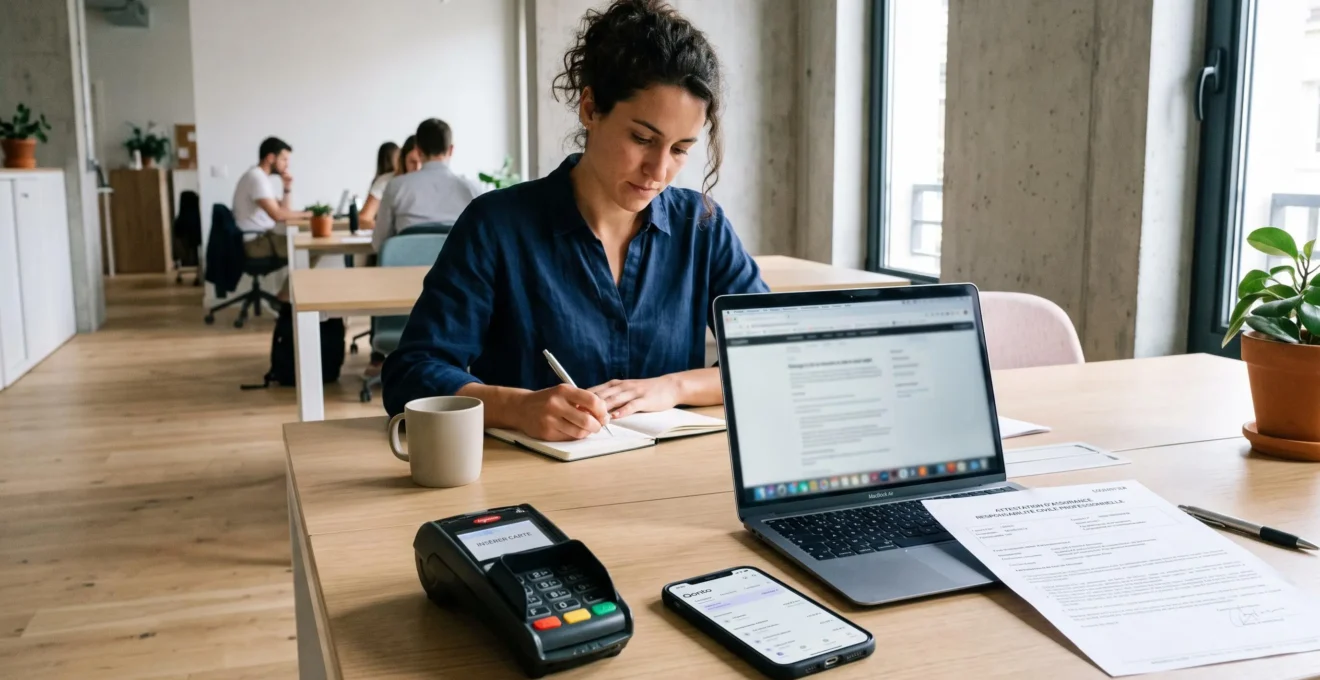 Micro-entrepreneuse à son bureau avec terminal de paiement électronique, smartphone affichant une application bancaire professionnelle et contrat d'assurance responsabilité civile professionnelle